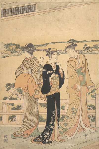 俯瞰海湾的阳台上的三个女人，19世纪末。 作者 胜川顺山
