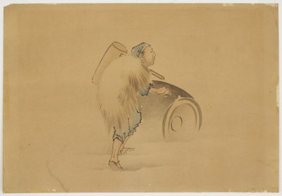 槌槌滚桶的男人，约1850年（纸上的墨水和颜色） 作者 北斋葛饰（学校）