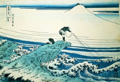 酒馆出版的《站在凯西省Kajikazawa的岩石海角上的渔夫》，出自《富士山36景》系列。约1830-31， 作者 葛饰北斋