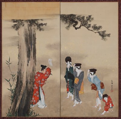神道士，三个女人和一个孩子，江户时期，约1799-1801。 作者 葛饰北斋