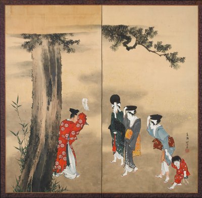 一个神道教牧师，三个女人和一个孩子，江户时代，1799年（墨水，金色和纸上的颜色） 作者 葛饰北斋