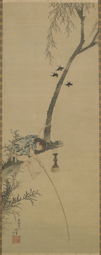 一个男孩从树的肢边钓鱼，江户时代（墨水和丝绸面板上的色调） 作者 葛饰北斋