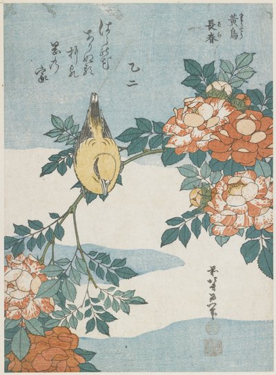 Black-Naped Oriole和China Rose，c。 1833 作者 葛饰北斋