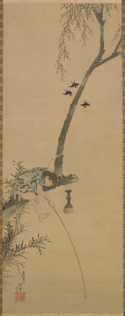 男孩在树枝上钓鱼，江户时期，1839年。 作者 葛饰北斋