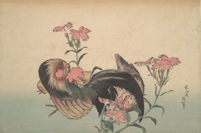 公鸡、母鸡和抚子石竹。 作者 葛饰北斋