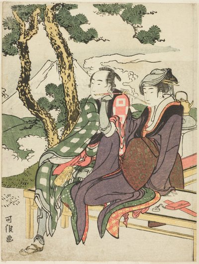 无标题系列 "悲剧恋人八景（Michiyuki hakkei）"中的 "伊达之夜 "和 "关之驹 "的黄昏之光 作者 葛饰北斋