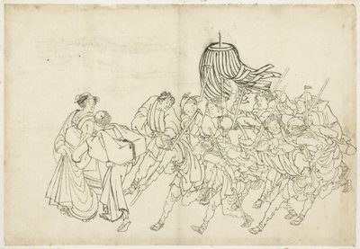 消防员游行到他们的节日，1615-1868年（纸上墨水） 作者 葛饰北斋