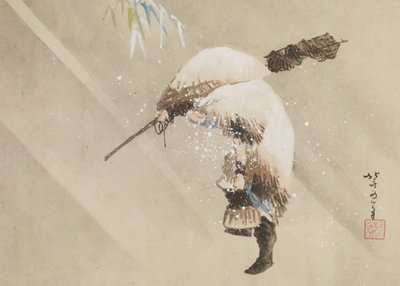 渔夫在雪中携带网，c。 1821（纸本水墨、色彩和gofun） 作者 葛饰北斋