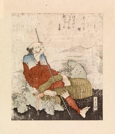 渔夫在溪边吸烟，约 1835 年（彩色木刻） 作者 葛饰北斋