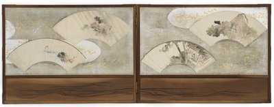 四幅粉丝画：“荷叶上的青蛙”，“房子里的学者”，“风景”，“船和岩石”，江户时代（纸上的墨水和颜色） 作者 葛饰北斋