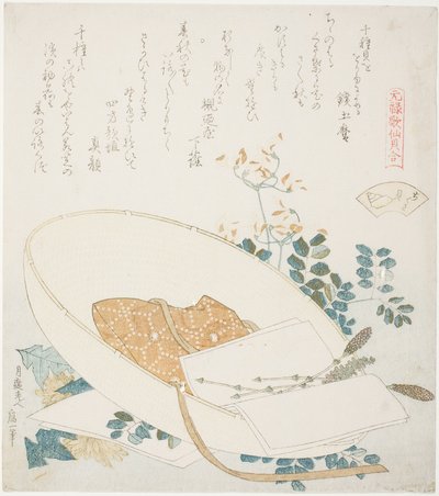 旅行者帽子上的鲜花，《千草贝》插图，选自 "元禄时期诗歌贝壳配对游戏（元禄 kasen kai awase）"系列 作者 葛饰北斋