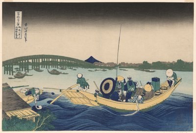 富士山三十六景（Fugaku sanjurokkei）"系列中的 "富士山三十六景（Ommayagashi yori ryogokubashi sekiyo o miru）"。 作者 葛饰北斋