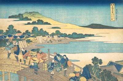 Echizen省的Fukui桥 Echizen Fukui no hashi，来自Remarkable ...系列，约1830年。 作者 葛饰北斋