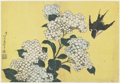绣球花和燕子，c。 1832 作者 葛饰北斋