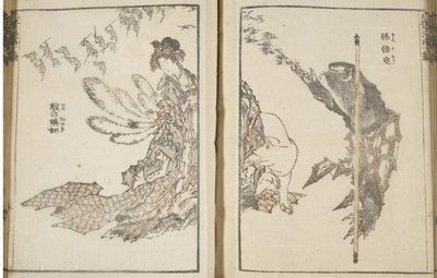 日本女人一只九尾白狐和一只猴子（木版画） 作者 葛饰北斋