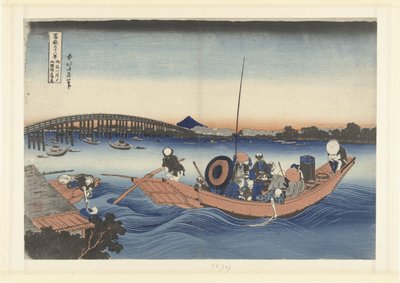 从御马屋河岸观赏两国桥日落
御厩桥与两国桥之景（物上标题）
富士山 36 景（系列标题）
富岳三十六景（文物上的系列名称） 作者 葛饰北斋