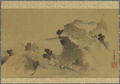 景观：山脉，溪流和船只，江户时代（丝绸面板上的墨水和颜色） 作者 葛饰北斋