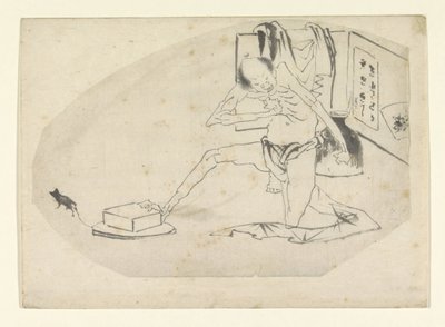 穿腰布的男人、一个盒子和一只老鼠 作者 葛饰北斋