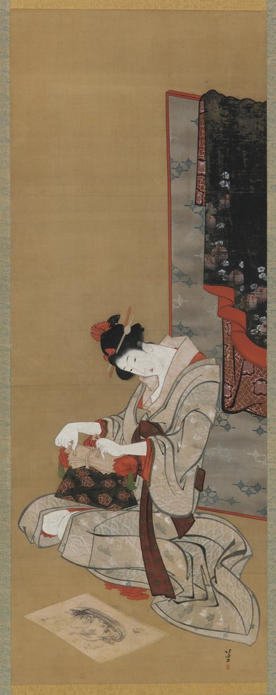新年风俗：新年早晨化妆，江户时代，c.1806-11（丝绸上的墨水和颜色） 作者 葛饰北斋