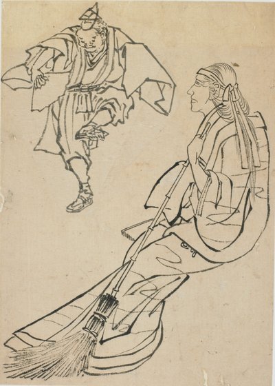老妇人坐在长椅上，一个拿着扇子的男人在她面前跳舞，18世纪末至19世纪初。 作者 葛饰北斋