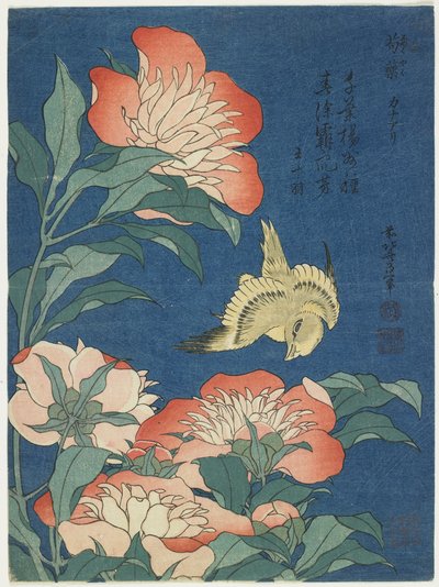 牡丹和金丝雀，c。 1833 作者 葛饰北斋
