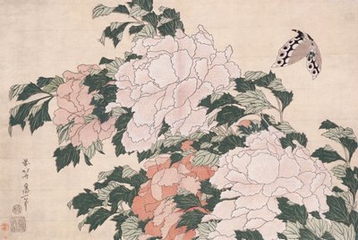 粉红色和红色牡丹在微风和蝴蝶中向左吹 作者 葛饰北斋