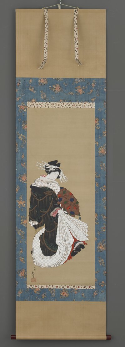 花魁散步的肖像，c.1815-19（丝绸上的墨水，颜色和金色） 作者 葛饰北斋