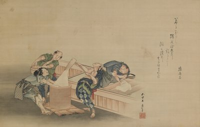 为Mochi捣米，由Momomoto Hinamaro题写，江户时代，1822年（丝绸上的墨水和颜色作为挂轴） 作者 葛饰北斋