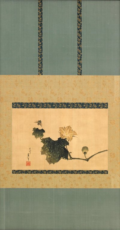 南瓜和藤蔓和马蝇，江户时代，1825年（丝绸上的墨水和颜色） 作者 葛饰北斋