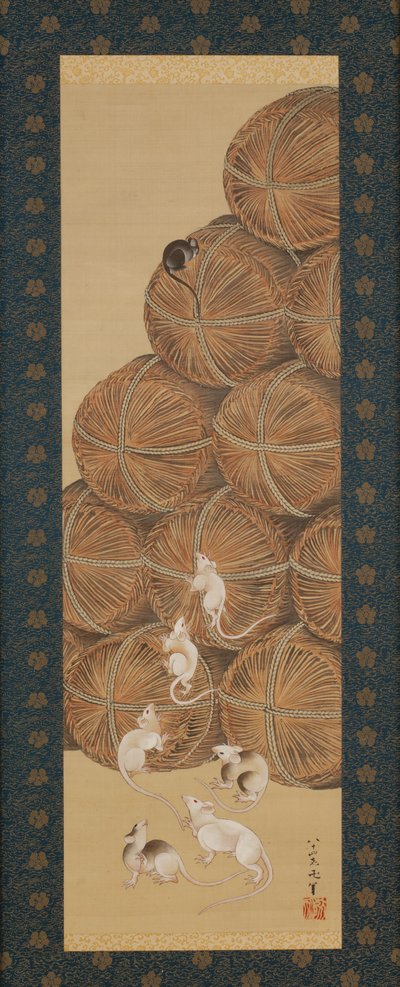 老鼠和稻壳，江户时代，1843年（丝绸上的墨水和颜色） 作者 葛饰北斋