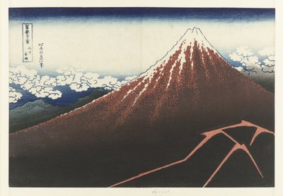 山脚下的暴雨 红富士 Sanka hakuu（物体上的标题） 富士山三十六景（系列名） Fugaku sanjurokkei（物体上的系列标题） 作者 葛饰北斋