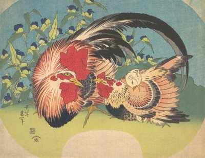 公鸡、母鸡和鸡与蜘蛛草，约1830-33。 作者 葛饰北斋