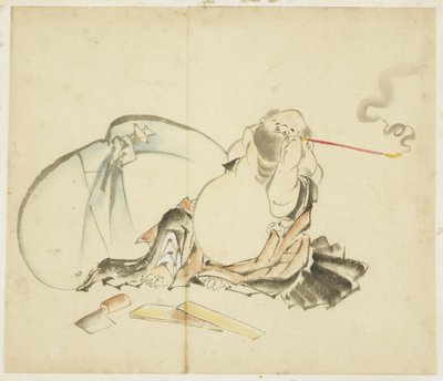 坐着的布袋烟斗，ca。 1815-1849年（纸上的墨水和颜色） 作者 葛饰北斋