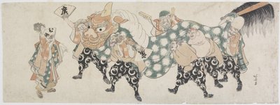 六位男神表演狮子舞，1797-1819（彩色木版画） 作者 葛饰北斋