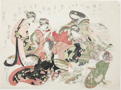 六名妇女围坐在鸟笼周围 作者 葛饰北斋