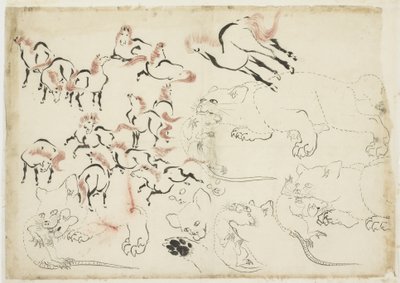 马，猫和老鼠研究（出自“北斋漫画”），约1815年至1849年（纸上的墨水和彩色） 作者 葛饰北斋