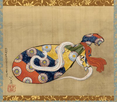 1847年江户时代奔腾的琵琶和白蛇（丝绸上的墨水和颜色） 作者 葛饰北斋