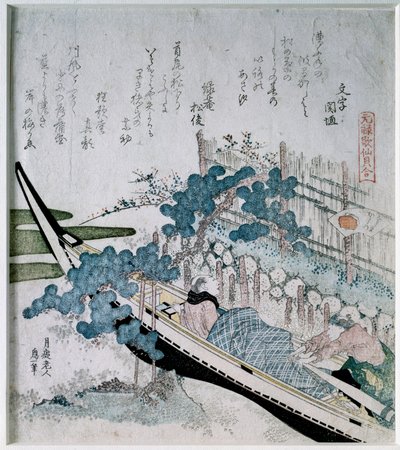 在船上约会一对老人的松树。 葛饰北斋（1760-1849）用铜和银制成的日本印刷品“”Surimono Nishiki-e”（Surimono Nishiki e）私人收藏 作者 葛饰北斋