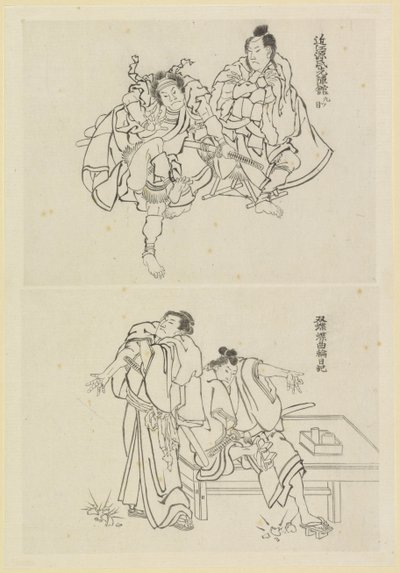 两个舞台场景，一个是两个武士，另一个是桌旁的两个人物 作者 葛饰北斋