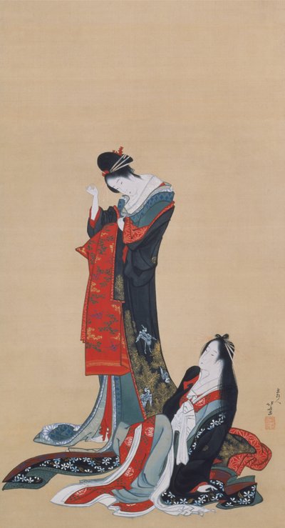 两个宫女，江户时期，约1805年（绢上水墨和彩色）。 作者 葛饰北斋