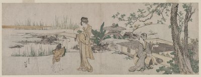 金鱼缸旁边的两个女人和一个孩子，c。 1800。 作者 葛饰北斋