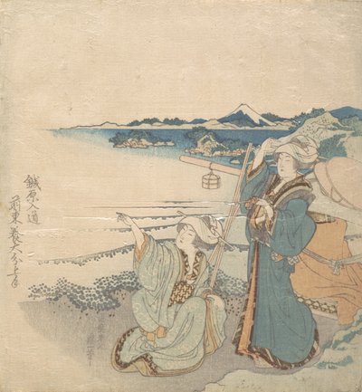 两位年轻女士在岸边，一位指点江山。 作者 葛饰北斋