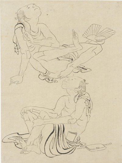 两个男人在夏天放松，江户时代（墨水在纸上） 作者 葛饰北斋