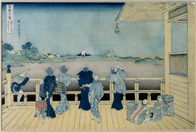 从高跷房子欣赏日本富士山的景色。 葛饰北斋（1760-1849）1829-1833 年日本版画《富士山 36 景》系列。 36,9x24,8 cm 私人收藏 作者 葛饰北斋