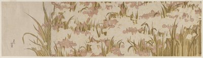 1800年代初期的白色和紫色鸢尾花。 作者 葛饰北斋