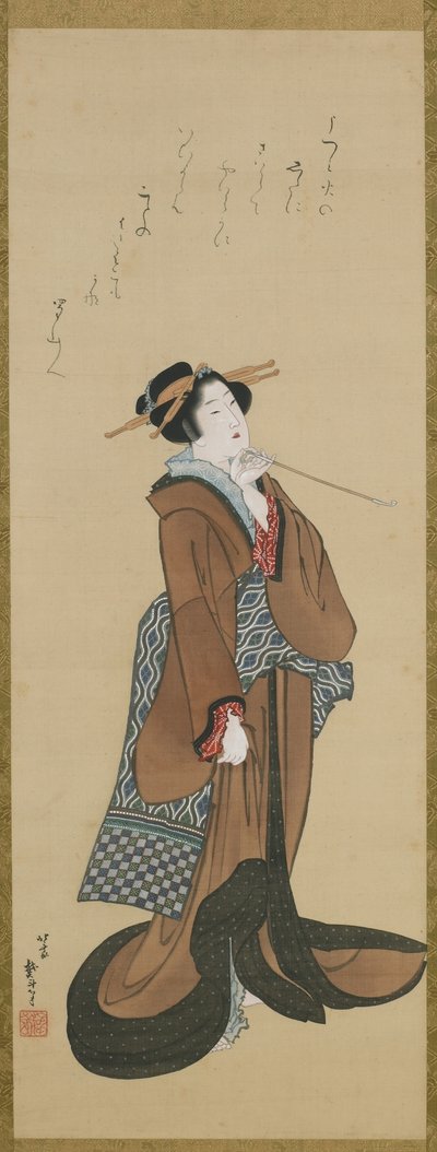 女人拿着烟斗，江户时代，c.1814-15（丝绸上的墨水和颜色） 作者 葛饰北斋