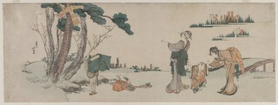 驱散风筝被树困住的孩子的妇女，c。 1800。 作者 葛饰北斋