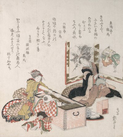 围绕火炉准备茶水的妇女，1816年。 作者 葛饰北斋