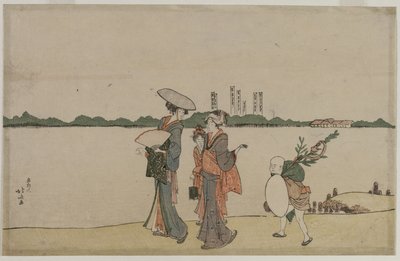1800年代初，沿and田川行走的妇女和儿童。 作者 葛饰北斋