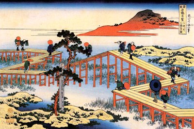 三河省的Yatsuhashi，约1835年。 作者 葛饰北斋